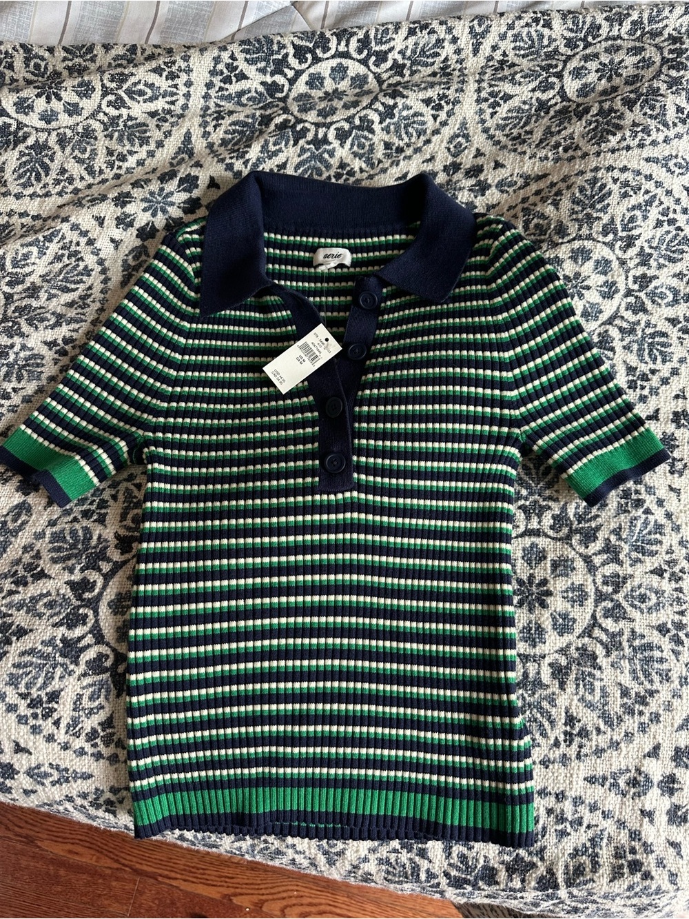 aerie Navy, Green & White Striped Ribbed Polo Tee - Picture 3 of 6